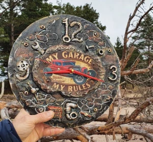 Garage Wall Clock/Crafted Car Biker Gift Men Wood Clock/Hand Made/Steampunk/OOAK - Picture 1 of 10