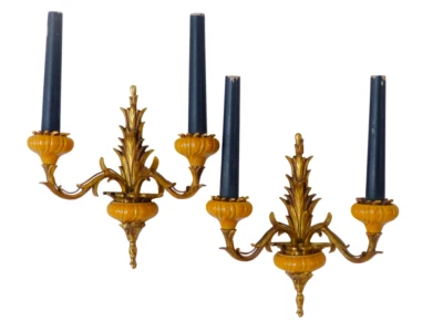 PAR de Lámparas de Pared Francesa Diseño Piña Porcelana Bronce Dorado 1950 GAU De Colección Foto 1 de 4