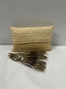 Vintage Thai Bronze Buddha Holzgriff 2 zackige Cocktailgabeln 6er Set Neu in Packung - Bild 1 von 5