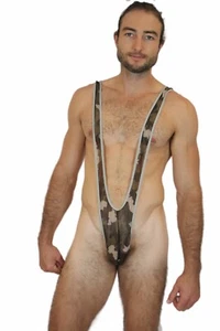 Camo Army Mesh Mens Sexy Borat Mankini Thong Bodysuit Costume Swimsuit - Picture 1 of 4