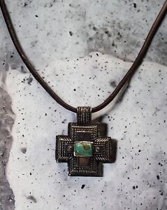 Sz 18" Bali Sterling Silver Cross Turquoise Brown Leather Cord 29G Necklace 925