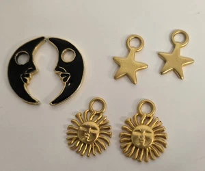 Vintage Lot Of Celestial Charms For Hoop Earrings Sun Moon Star Gold Tone Enamel - Picture 1 of 4
