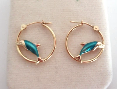 JCM 14k Yellow Gold & Enamel Dolphin Hoop Earrings Dainty Petite 0.62 Grams - Image 1 of 4