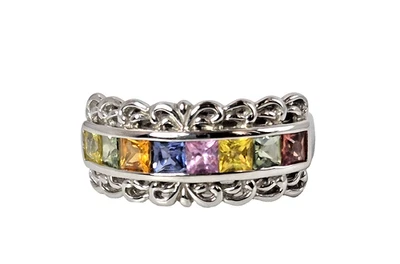 Anillo Arco Regal Zafiro Multicolor Genuino Talla 7 Rodio Sobre Plata Esterlina Foto 1 de 4