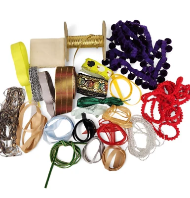 Ribbon Trim Lot Pom Poms Satin Gold Metallic Assorted Sizes & Colors Sheep - Image 1 of 4