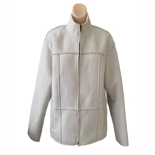 OFF WHITE Piccola giacca ecopelle scamosciata full zip bianco sporco tasche foderata sherpa Y2K vintage