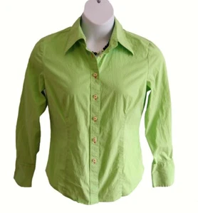 TOMMY HILFIGER Blouse GREEN Shirt Size 14 XL Preppy PINK Stretch L/S Seamed - Picture 1 of 7