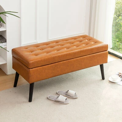 PU Leatehr Storage Ottoman Bench Entryway Bench Bedroom Living Room Wooden Legs - Image 1 of 4