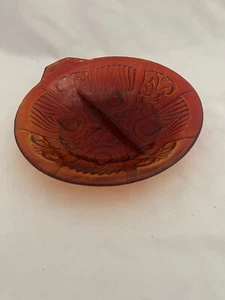 VINTAGE AMBER INDIANA GLASS DIVIDED RELISH CANDY Snack DISH W/ HANDLE Deep Red - Picture 1 of 8