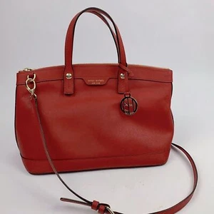 Henri Bendel West 57th leather Satchel Crossbody bag Bright red Gold zipper EUC - Picture 1 of 16