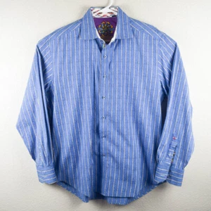 Robert Graham Mens XL Blue White Striped Flip Cuff Shirt Long Sleeve Embroidered - Picture 1 of 8