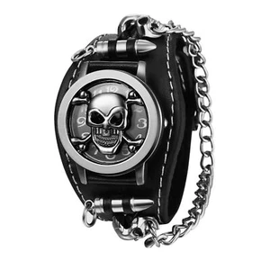 Reloj Pulsera Hombre Punk Motociclista Calavera Cadena Bala Banda Ancha Cuero Puño Cuarzo - Imagen 1 de 8
