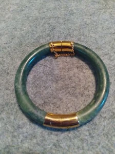 Vintage Jade Bangle Bracelet with Gold Safety Chain and Accents - Asian Style - Picture 1 of 3