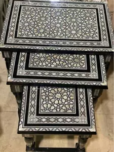 Handmade Wooden End Table Carving Wood Table Home Decor Mother of Pearl Inlay - Picture 1 of 10