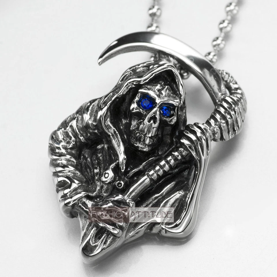silver death ripper pendant skull blue eyes stainless steel chain necklace 60cm Foto 1 de 1