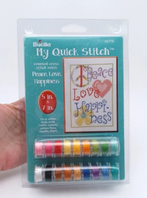 Kit de punto de cruz contado Bucilla My Quick Stitch #45778 PAZ AMOR FELICIDAD Nuevo Foto 1 de 2