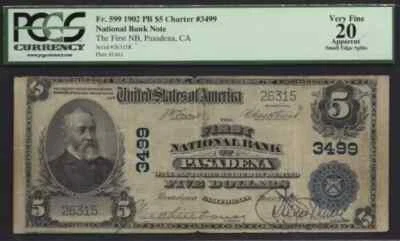 $5 1902-ND FNB of Pasadena, CA Ch# 3499 PCGS Very Fine 20 - Image 1 of 2