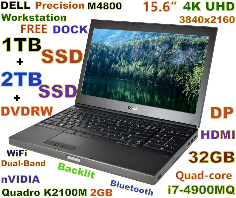 Workstation DELL M4800 i7-QUAD (1TB+2TB) SSD DVDRW 32GB 15.6" 4K  Quadro Docking - Image 1 of 4