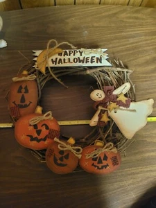 Halloween Wreath Door Hanging Ghost Pumpkin Fall Wall Decor 14" Twig Homemade? - Picture 1 of 7
