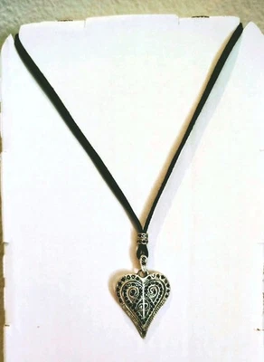 16" Black Faux Suede Cord Necklace w/Antique Silver Tone Filagree Heart Pendant - Image 1 of 2