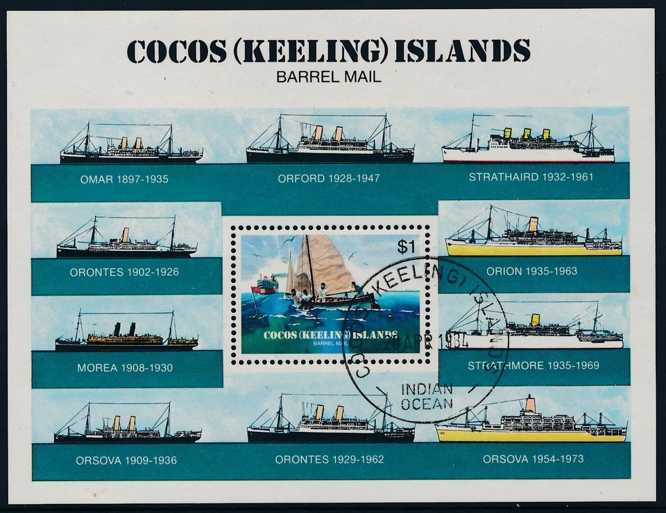 Mini hoja de correo de barril Islas Cocos 1984 usada/CTO Foto 1 de 1