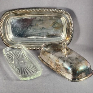 WM Rogers Silver Plated #887 Butter Dish Set Rope Tray + Glass Insert + Cover - Picture 1 of 9