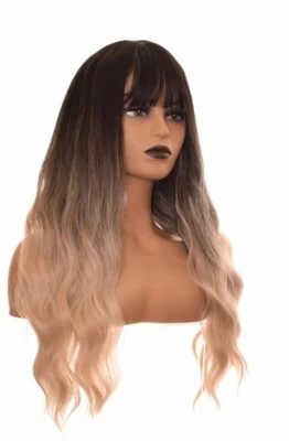 Peluca de onda larga marrón oscuro rubia ombre aspecto natural con flecos rectos. Unisex Foto 1 de 4