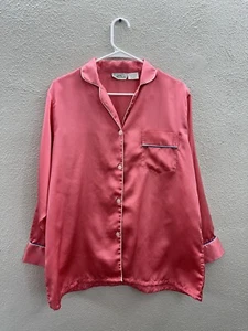 Michele Womens Pajama Set Size Large Pink Satin Long Sleeve Shirt & Pants VTG - Picture 1 of 18
