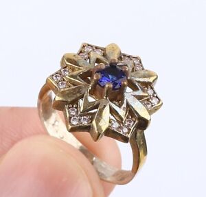 TURKISH SIMULATED SAPPHIRE .925 SILVER & BRONZE RING SIZE 7 #51689