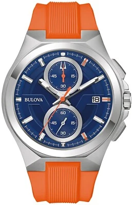 Bulova Men's Maquina Quartz Chronograph Date Orange Silicon Watch 46 MM 96B407 - Image 1 of 4