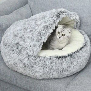 Dog Cat Bed Hooded Kitten Pet Cosy Cave Soft Calming Igloo Cozy Plush Faux Fur - Picture 1 of 13