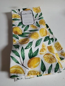 Studio Belle Set of three Kitchen Towels Lemon Design & Plain White 100% Cotton - Picture 1 of 10