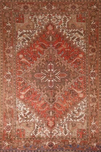 Tappeto soggiorno vintage geometrico tradizionale Heriz fatto a mano 7x10 - Foto 1 di 17