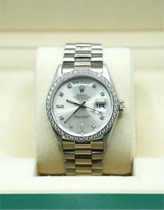 Mens 18ct White Gold Rolex Day-Date 36 18049 Factory Silver Diamond Dial & Bezel - Picture 1 of 10