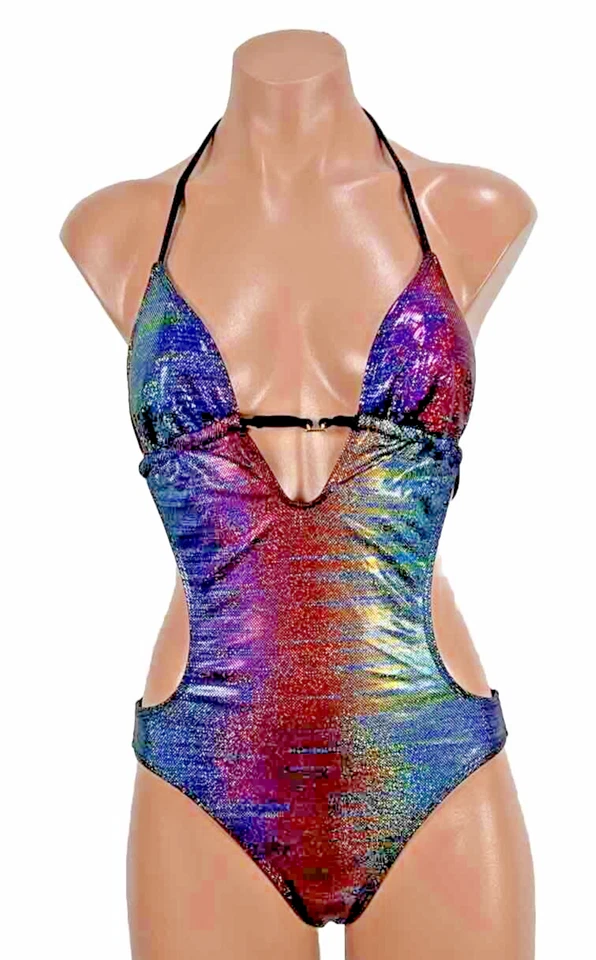 Vintage Guess NWOT Rainbow Sequin Y2K Monokini Swimsuit S USA MADE Rave Bodysuit - Image 1 of 4