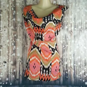 BARKINS Women's Cowl Neck Fashion Blouse Orange Black White Sleeveless Work Top - Picture 1 of 12
