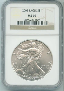 2005 Argento Aquila 1 Oncia NGC MS69 Moneta Certificato - RK710 - Foto 1 di 2