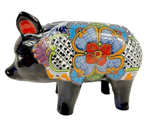 Mexican Folk Art Talavera Pig Figure Pottery Animal Blue Floral HandPainted 13x9 - Picture 1 of 9