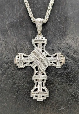 925 Sterling Argento Pendente Pietra Preziosa Croce - 50 G - Unisex Silver #1374 - Immagine 1 di 4
