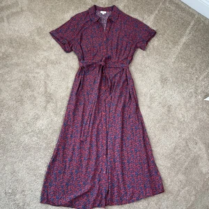 J.Jill Dress Womens XL Red Blue Floral Button Front Retro Short Sleeve Tie Waist - Picture 1 of 10