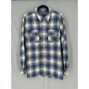 Pendleton Board Shirt Mens Large Blue Yellow Plaid Flannel Button Virgin Wool - Picture 1 of 7