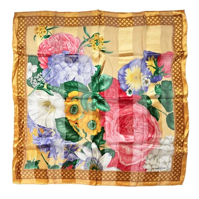Bufanda de seda vintage VALENTINO exuberante floral con bordes dorados acento a rayas 34" cuadrada Foto 1 de 4