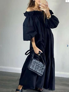 H&M BLACK Off Shoulder Bardot Belted Maxi Dress size M L 12 14 16 18 Ruffle