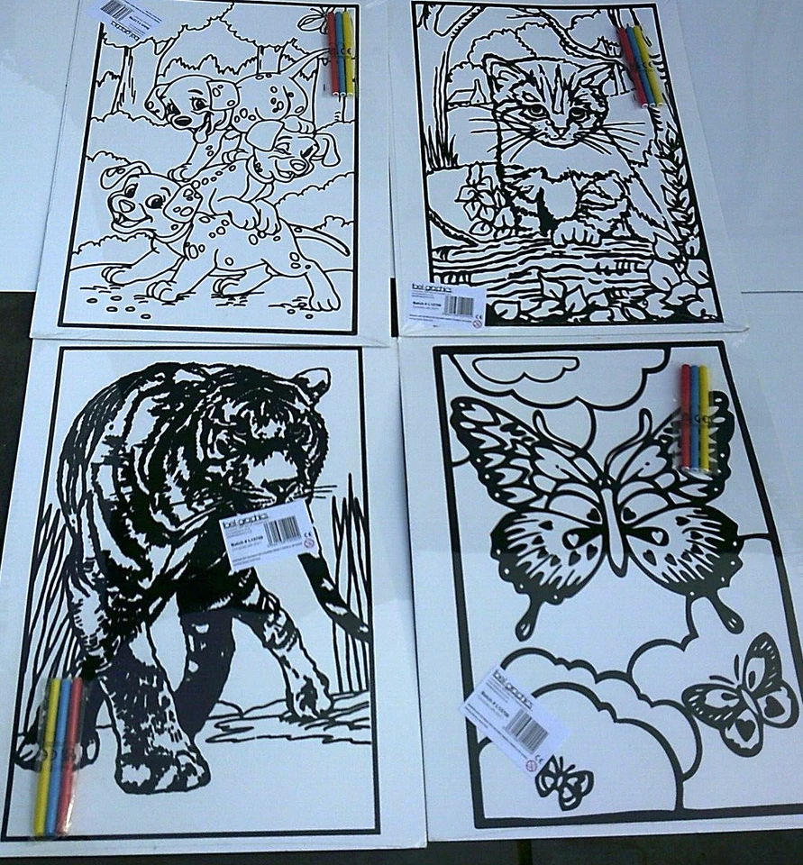 4 Large Velvet Colouring Picture Boards 58 x 38 cm;Dogs, Cat, Tiger, Butterfly  - Image 1 of 1
