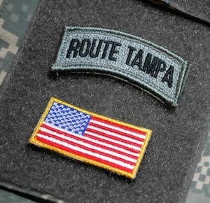 ORIGINAL PERIOD OIF WAR TROPHY vêlkrö 2-TAB SET: ROUTE TAMPA + US FLAG (1"x 2") - Picture 1 of 12