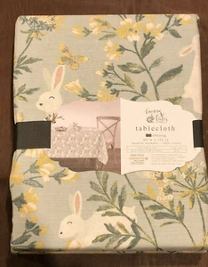 BUNNY TALES SPRING FLOWERS BUNNIES TABLECLOTH, PASTEL GRN/YELLOW SEASONAL DECOR - Picture 1 of 4