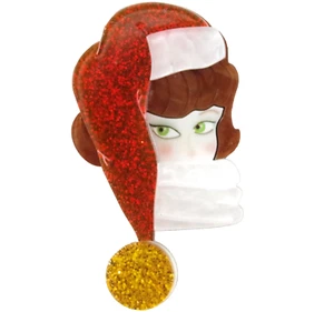 2.5" NEW WOMAN LADY WEARING SANTA CLAUS HAT LAYERED ACRYLIC CHRISTMAS BROOCH PIN - Picture 1 of 15