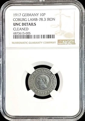1917 SAXE COBURG GOTHA GERMAN STATES 10 PFENNIG IRON COIN NGC UNC DETAILS - Image 1 of 2