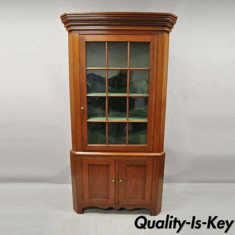 American Primitive Colonial Cherry Wood Wavy Glass Corner Cupboard China Cabinet Cover