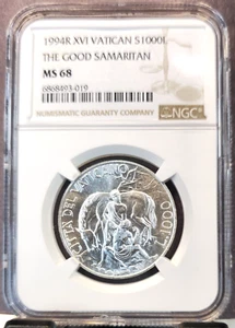 1994 VATICAN SILVER 1000 LIRE S1000L THE GOOD SAMARITAN NGC MS 68 RARE GEM - Picture 1 of 3